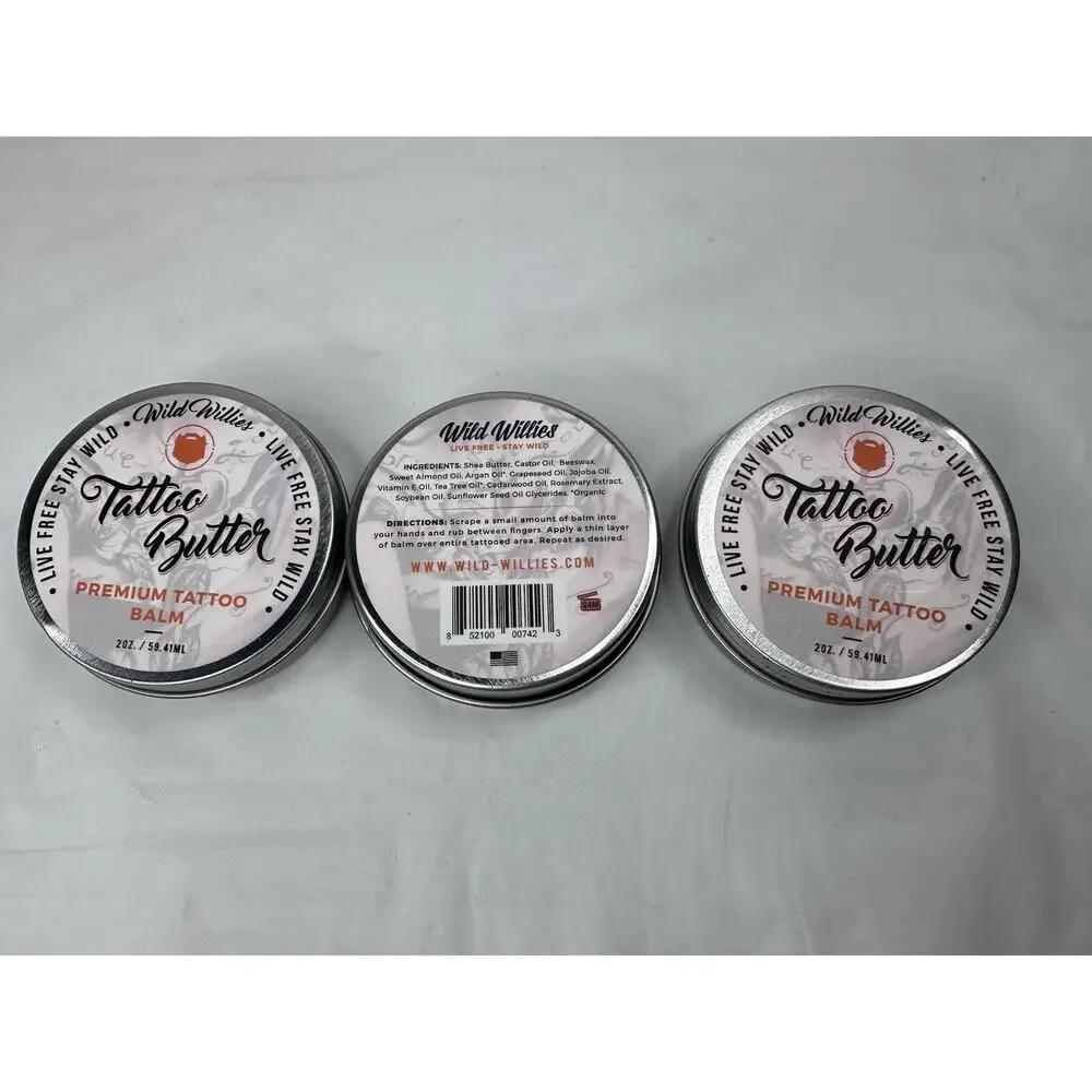 Lot of (3) WILD WILLIES TATTOO BUTTER Premium Tattoo Balm Butter 2 oz. Organic